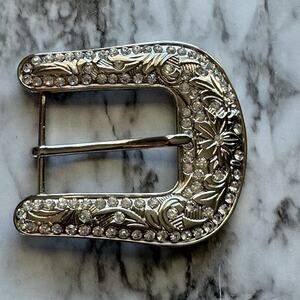 Nocona Silver Tone Buckle With Rhinestones Womens Western Bling Floral Etched